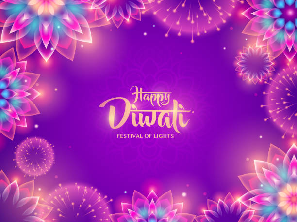 Diwali Festival of Lights. Indian Holiday. Happy Diwali with luminous flower Rangoli and fireworks. Indian festival of lights. deepavali stock illustrations