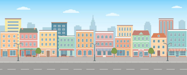 City life illustration with house facades, road and other urban details.  Panoramic view. City life illustration with house facades, road and other urban details.  Panoramic view. Flat style, vector illustration. downtown district illustrations stock illustrations