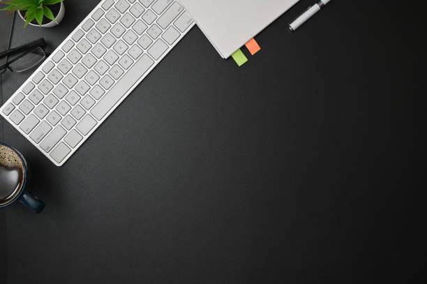istock Office leather desk table keyboard, notebook, pen with coffee on desk workspace and copy space. 1174831870
