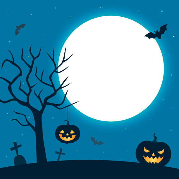 ночной фон хэллоуина с тыквой и луной - cemetery grave halloween non urban scene stock illustrations