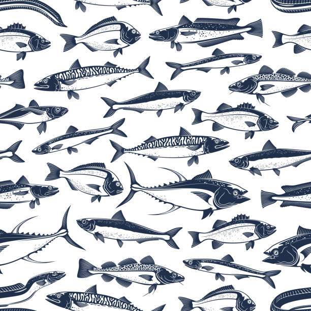 Fish seamless pattern, fishing background Sea and ocean fishes seamless pattern. Vector background of fishing catch tuna, salmon or trout and scomber sprat or eel and herring with bream or sardines and sea bass pattern fish designs stock illustrations