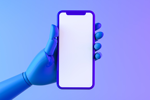 3d rendering of Smartphone and robot hand, mockup, template for mobile application presentation. Blue and purple colors. Neon lights.