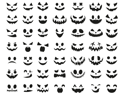 Halloween face icon set. Spooky pumpkin smile on white background.  Design for the holiday Halloween. Vector illustration.