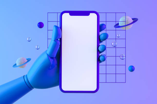 robot ręka trzyma smartfon z pustym ekranem - android telephone mobile phone application software zdjęcia i obrazy z banku zdjęć
