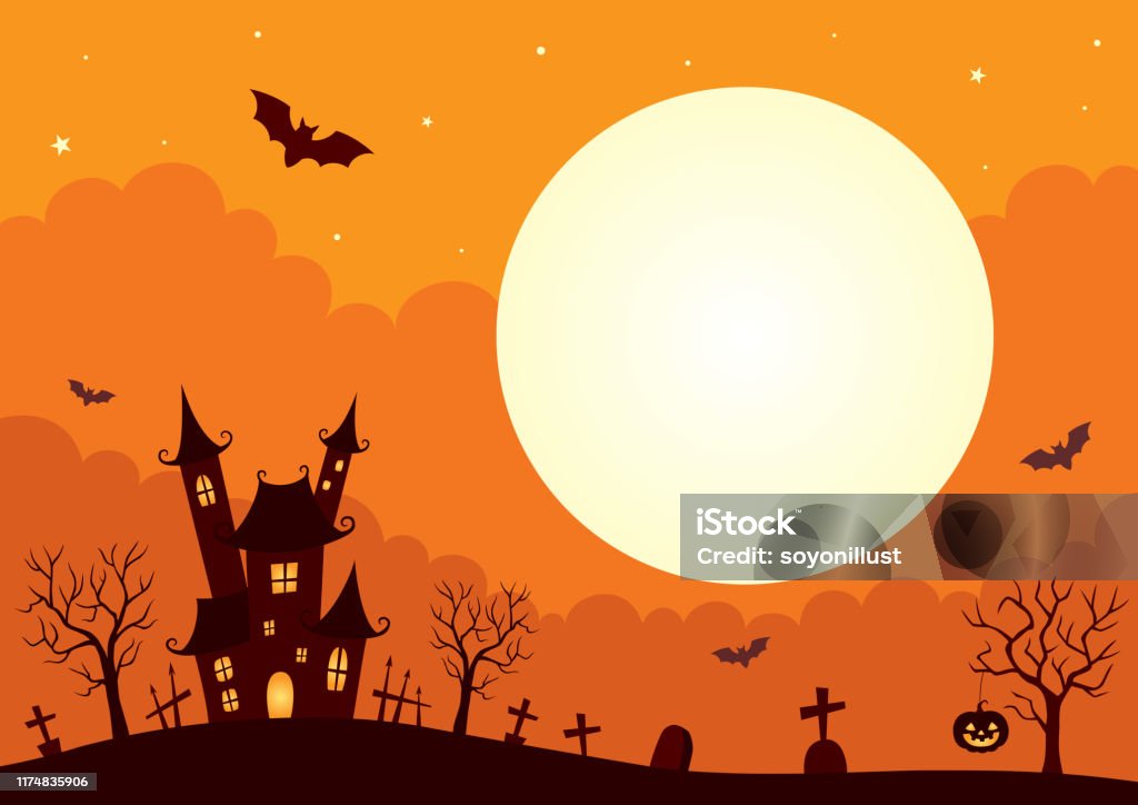 Halloween Hintergrund mit Schloss und Vollmond - Lizenzfrei Halloween Vektorgrafik