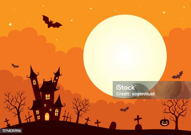 Halloween Hintergrund Mit Schloss Und Vollmond Stock Vektor Art und mehr Bilder von Halloween - Halloween, Bildhintergrund, Spuk
