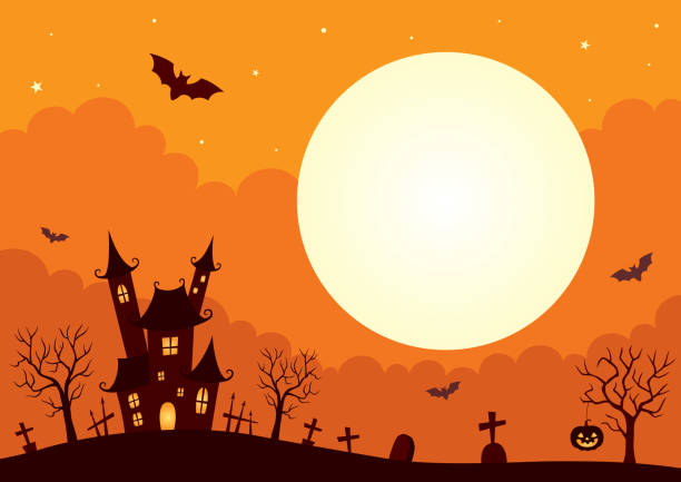 latar belakang halloween dengan kastil dan bulan purnama - halloween ilustrasi stok