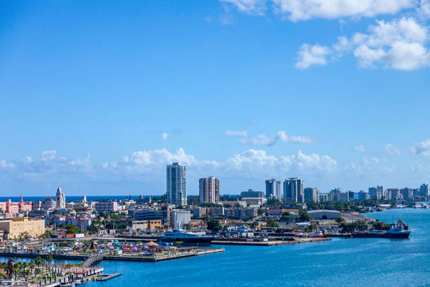 aerial view of the san juan puerto rico harbor and skyline - old san juan imagens e fotografias de stock