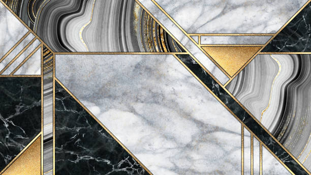 sfondo art déco astratto, motivo geometrico minimalista, intarsio a mosaico moderno, trama di agata e oro in marmo, design artistico in pietra artificiale, piastrelle marmorate, illustrazione di marmorizzazione della moda minima - marble gold macro stone foto e immagini stock