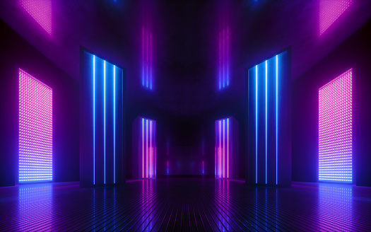 Renderizado en 3D, fondo abstracto de neón violeta rosa azul, luz ultravioleta, interior de la habitación vacía del club nocturno, túnel o pasillo, paneles brillantes, podio de moda, decoraciones de escenario de rendimiento, photo