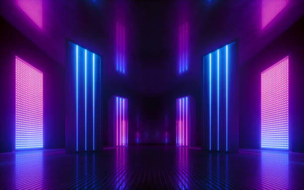 3dレンダー、青いピンクのバイオレットネオンの抽象的な背景、紫外線、ナイトクラブ空室のインテリア、トンネルや廊下、輝くパネル、ファッションの表彰台、パフォーマンスステージの� - ファッションショー ストックフォトと画像