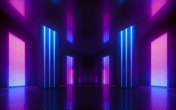 Photo of 3d render, blue pink violet neon abstract background, ultraviolet light, night club empty room interior, tunnel or corridor, glowing panels, fashion podium, performance stage decorations,