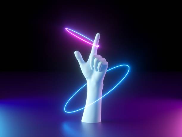 istock 3d render, neon minimal background, white mannequin hand with pointing finger isolated on black, spinning rings, glowing lines, magical show, magician performance 1174840415