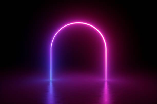 istock 3d render, abstract minimalist background, pink violet neon line, round arch glowing in the dark, blank space, ultraviolet light, 80's retro style, fashion show, performance stage design 1174840425