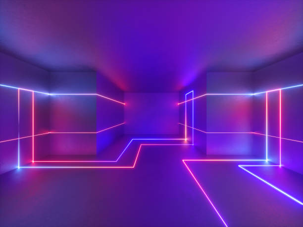 3d render, abstract geometric neon background, glowing lines - futuristic indoors inside of abstract imagens e fotografias de stock