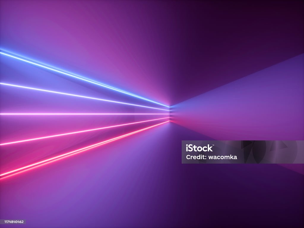 3d render, pink red blue neon light, abstract background with glowing lines, cyber space in virtual reality, night club room interior, fashion podium or stage, empty corridor in ultraviolet spectrum Abstract Stock Photo