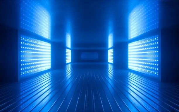 3d render, blue neon abstract background, ultraviolet light, night club empty room interior, tunnel or corridor, glowing panels, fashion podium, performance stage decorations,