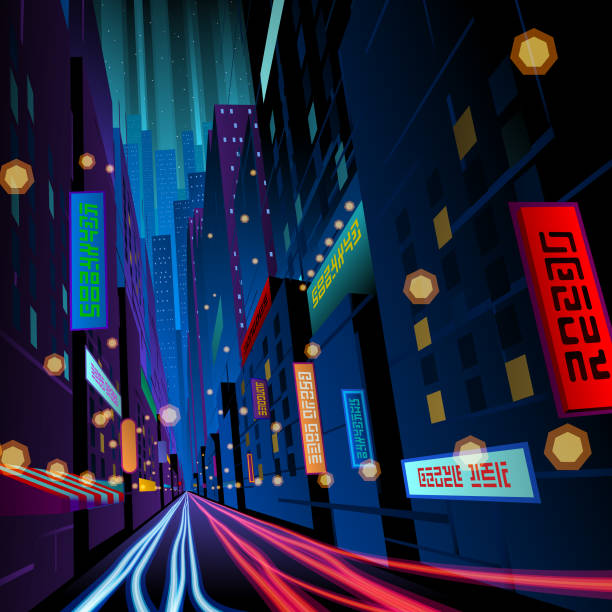 istock colorful night street with signages 1174840510