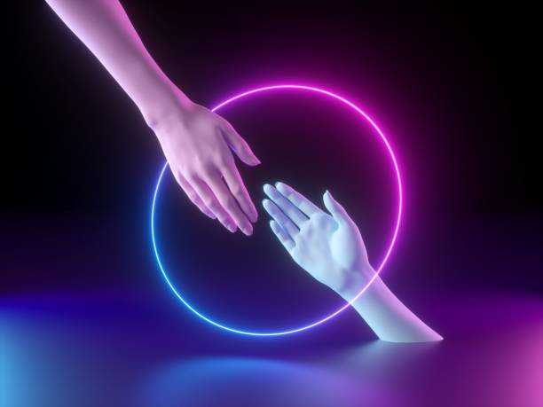 istock 3d render, abstract minimal neon background, pink blue mannequin hands in ultraviolet light, partnership support and help concept 1174840548