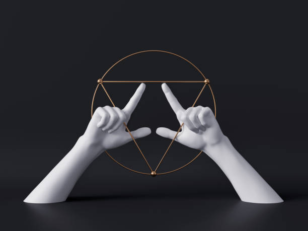 istock 3d render, white decorative female mannequin hands isolated on black background, holding golden sacred geometry frame, pointing up, luxury fashion concept, esoteric fortuneteller, minimal design 1174840658