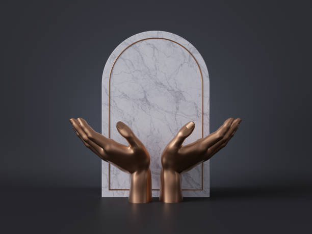 istock 3d render, golden mannequin hands isolated on black background, white marble panel, blank frame, spiritual concept, shop display, luxury minimal mockup, product showcase template, simple clean design 1174840750
