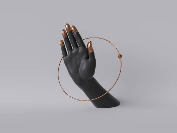 istock 3d render, black decorative female mannequin hand isolated on white background, body part inside round frame, golden ring, feminist, fashion concept, fortuneteller or healer, clean minimal design 1174841269