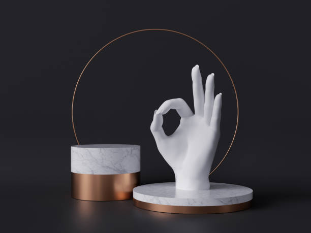 3d rendering von weißer hand, okay zeichen geste, marmor sockel isoliert auf schwarzem hintergrund, minimalistisches konzept, gold runden rahmen, leere zylinder podium, einfache saubere setik, luxus minimal mockup - sculpture art abstract white stock-fotos und bilder