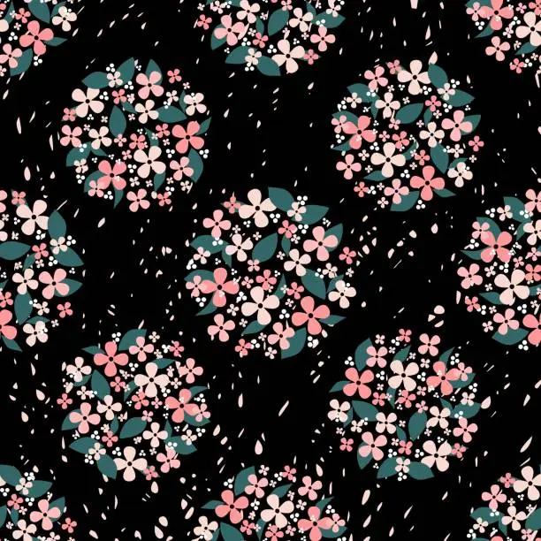 Vector illustration of Pink flowers and green leaves gathered in a circle seamless pattern with petals in the background. Seamless pink flowers vector pattern. Background vector with pink flowers, green leaves and petals.