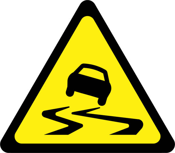 illustrations, cliparts, dessins animés et icônes de signe d'avertissement avec le symbole glissant de route - swerving