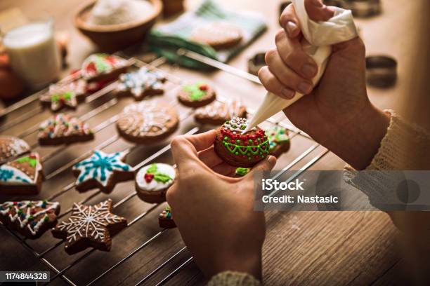 Christmas Gingerbread Cookies With Tasty Colorful Sugar Stock Photo - Download Image Now