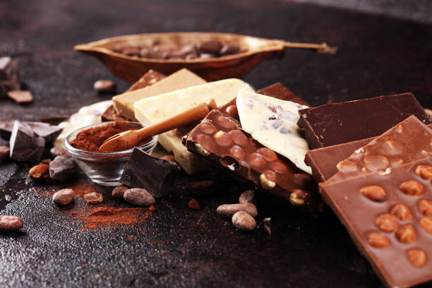 istock Melting chocolate, melted chocolate and chocolate swirl with stack and chips on table 1174845569