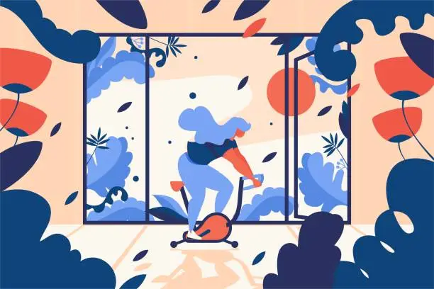 Vector illustration of Sport vector illustration with young woman riding exercise stationary bike in room full of leaves and flowers. Large window with open door. Bright training interior scene in blue and orange colors.