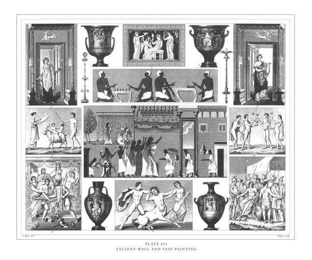 древняя стена и ваза картина гравировка античная иллюстрация, опубликовано 1851 - mosaic ancient greek culture greek mythology stock illustrations