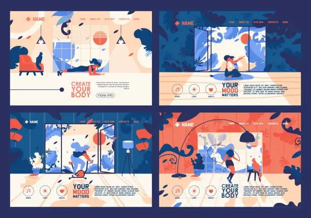 Vector illustration of Vector banners collection with young flat women training at home. Vibrant orange and blue colors, floral elements and leaves, large windows at room. Landing pages for indoor workout, yoga and exercise