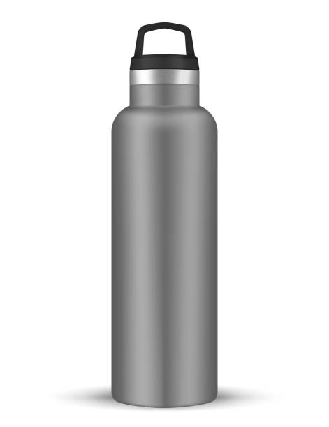 Vacuum insulated water bottle with carry handle, realistic vector mockup. Stainless steel shiny metal sport flask, template Vacuum insulated water bottle with carry handle, realistic vector mockup. Stainless steel shiny metal sport flask, template. flask stock illustrations