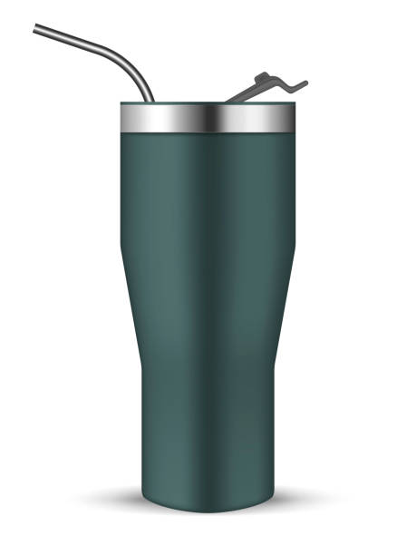 illustrazioni stock, clip art, cartoni animati e icone di tendenza di tazza tumbler con coperchio a capovolgimento e paglia da bere in metallo, mockup vettoriale realistico. bottiglia isolata in acciaio inossidabile, mock-up. tazza termo da viaggio, modello - insulated drink container