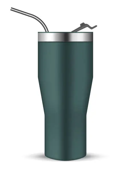 Vector illustration of Tumbler cup with flip lid and metal drinking straw, realistic vector mockup. Stainless steel insulated bottle, mock-up. Travel thermo mug, template
