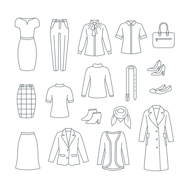 ilustraciones, imágenes clip art, dibujos animados e iconos de stock de iconos básicos de la línea de ropa y zapatos de mujer de negocios - shirt clothing dress elegance