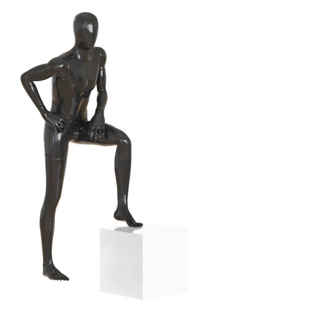 istock A black faceless mannequin guy stands with his foot on a white box. 3d rendering 1174852074