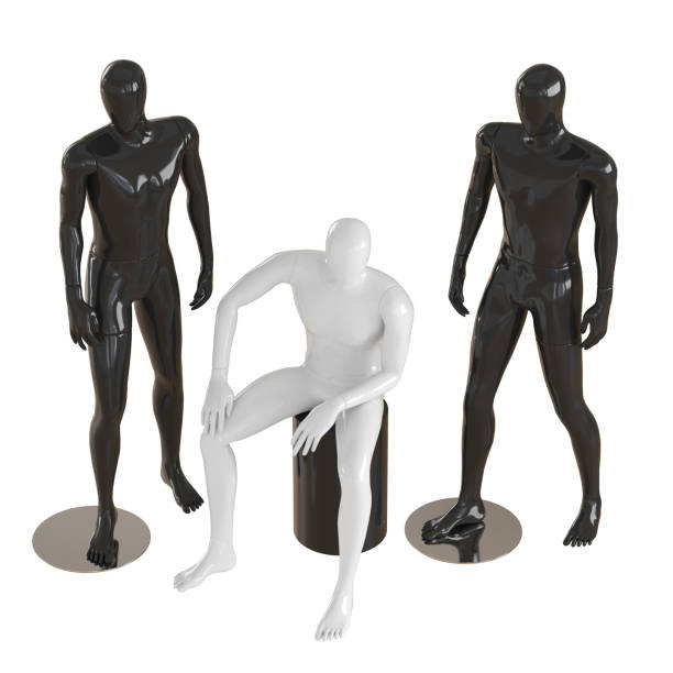istock One white faceless mannequin guy sits on a black box and two black mannequin guys stand on each side. View from above. 3D rendering 1174852133