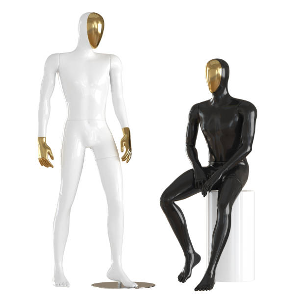 istock Two guys mannequin with a golden face in a standing and sitting pose. 3d rendering 1174852147
