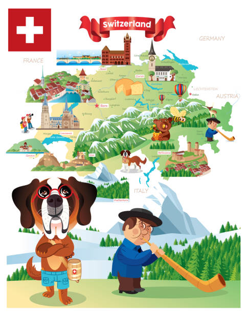 ilustrações de stock, clip art, desenhos animados e ícones de cartoon map of switzerland, winterthur,herisau, appenzell, zürichsee, liestal, aarau, olten, porrentruy, delemont, solothurn, biel, zug, niederurnen, glarus, schwyz, neuchatel, fribourg, thun, burgdorf, altdort, andermatt, gletsch, locarno, brig, sierre, - map switzerland swiss culture zurich