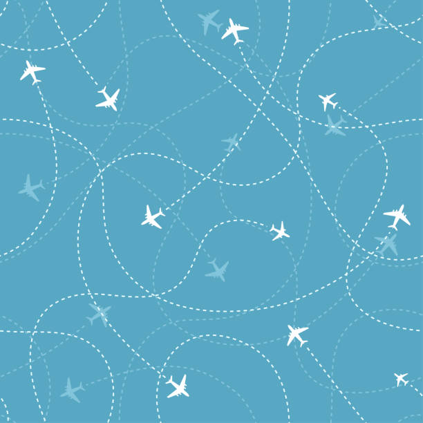 flugzeugziele mit flugzeugsymbolen auf blauem hintergrund. abstraktes nahtloses muster. - wing pattern stock-grafiken, -clipart, -cartoons und -symbole