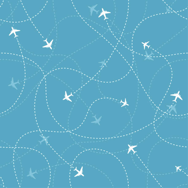 miejsca docelowe samolotów z ikonami samolotów na niebieskim tle. abstrakcyjny bezszwowy wzór. - direction air vehicle commercial airplane equipment stock illustrations