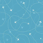 istock Aircraft destinations with planes icons on blue background. Abstract seamless pattern. 1174854848