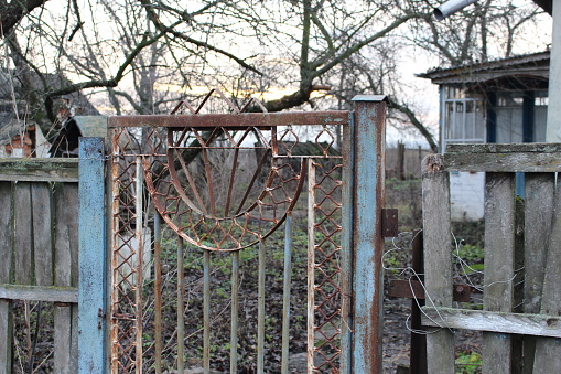 Old rusty metal gate. Entrance to an abandoned estate.
