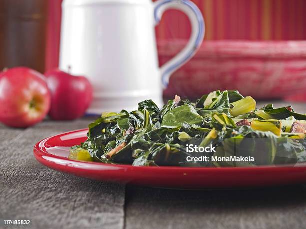 Fresh Collard Greens And Smoked Bacon Stock Photo - Download Image Now - Cabbage, Bacon, Collard Greens