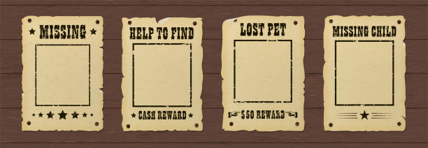 Vintage retro ripped missing poster. Wild west bounty brochure nailed to a wooden wall