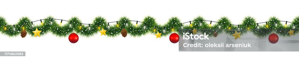 Şenlikli ışık ve altın yıldız ve çam kozalağı süslemeleri ile ökseotu tinsel Noel çelenk - Royalty-free Noel bayramı Vector Art