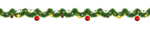 Christmas garland of mistletoe tinsel with festive light and decorations of golden stars and pine cones Christmas garland of mistletoe tinsel with festive light and decorations of golden stars and pine cones floral garland stock illustrations